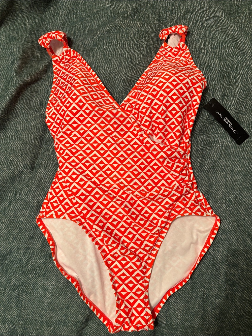 Carmen Marc Valvo Orange and White Geometric One-Piece Swimsuit with V-Neck